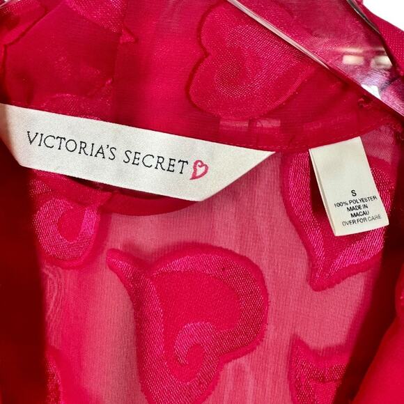 Vintage Victoria's Secret Hot Pink Heart Semi Sheer Robe Small Long Maxi Kimono - Picture 5 of 5